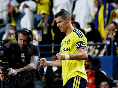 كريستيانو رونالدو يحتفل بهدفه في مباراة النصر والدرعية بالدوري السعودي - 9 أكتوبر 2026 - Reuters