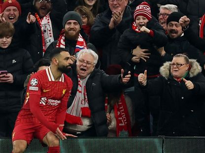 محمد صلاح يحتفل بالتسجيل مع ليفربول أمام ليل في أبطال أوروبا - 21 يناير 2025 - Reuters