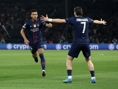 احتفال ديزيري دوي بهدفه في مباراة باريس سان جيرمان وليفربول بدوري أبطال أوروبا - 8 أبريل 2026 - Reuters