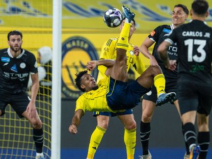 كينغسلي كومان أثناء تسجيله هدف النصر ضد الشباب في دوري روشن السعودي - 17 يناير 2026 - X/SPL