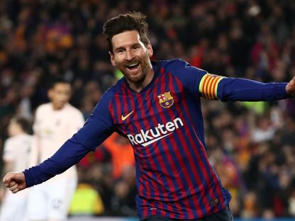 ليونيل ميسي لاعب برشلونة يحتفل بهدفه أمام مانشستر يونايتد في ربع نهائي دوري أبطال أوروبا - 17 أبريل 2019 - Reuters