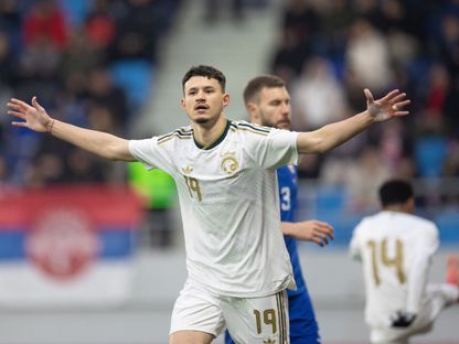 احتفال عبد الله الحمدان مهاجم السعودية بتسجيل هدف في مرمى صربيا - 31 مارس 2026 - X/@SaudiNT