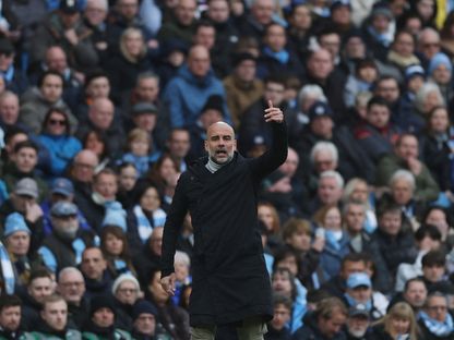 مدرب مانشستر سيتي بيب غوارديولا خلال مباراة ضد برايتون بالدوري الإنجليزي الممتاز - 15 مارس 2025 - Reuters
