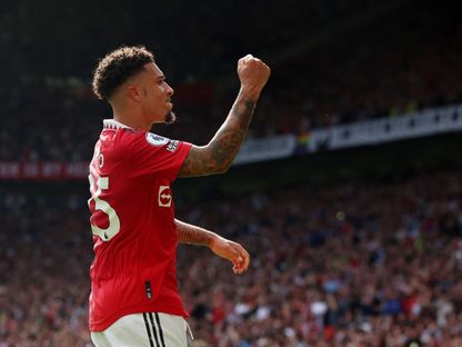 جادون سانشو مهاجم مانشستر يونايتد يحتفل بهدفه في شباك فولهام - 28 مايو 2023 - Reuters