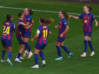 احتفال لاعبات برشلونة بهدف إيفا بايور في نهائي دوري أبطال أوروبا ضد ليون - 23 مايو 2026 - Reuters
