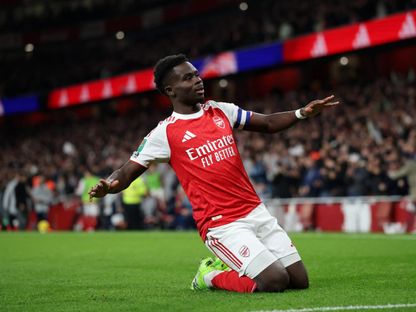 احتفال بوكايو ساكا لاعب أرسنال بتسجيل هدف في مرمى برايتونب كأس رابطة الأندية الإنجليزية المحترفة - 29 أكتوبر 2025 - Reuters