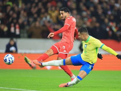 حازم المستوري مهاجم منتخب تونس لحظة تسجيل هدف في مرمى البرازيل - 18 نوفمبر 2025 - FB/@Équipe Nationale Tunisienne