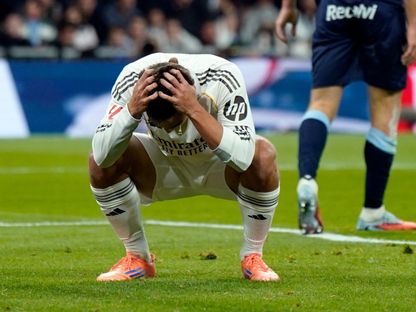 حسرة غونزالو غارسيا مهاجم ريال مدريد خلال لقاء سيلتا فيغو بالدوري الإسباني - 7 ديسمبر 2025 - Reuters