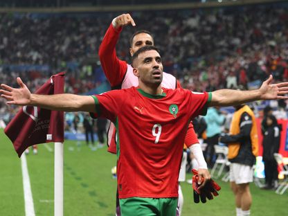 عبد الرزاق حمد الله بعد تسجيله هدف الفوز للمغرب في مرمى الأردن بنهائي كأس العرب - 18 ديسمبر 2025 - REUTERS