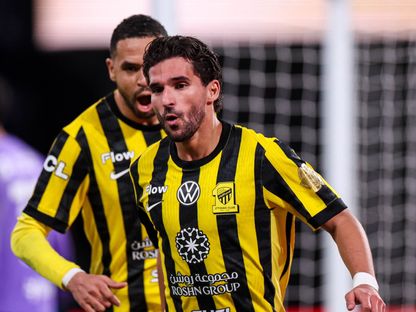 حسام عوار بعد تسجيله هدفاً للاتحاد في مرمى الهلال وبدا يوسف النصيري - 21 فبراير 2026 - X/@ittihad