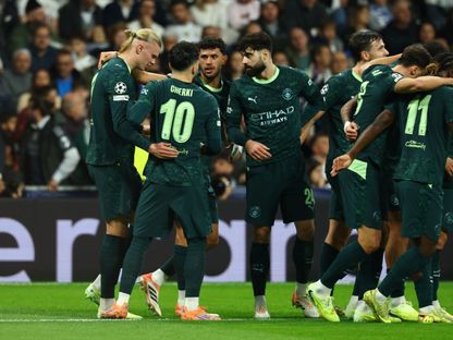 لاعبو مانشستر سيتي يحتفلون بهدف إيرلينغ هالاند أمام ريال مدريد بدوري أبطال أوروبا - 10 ديسمبر 2025 - Reuters