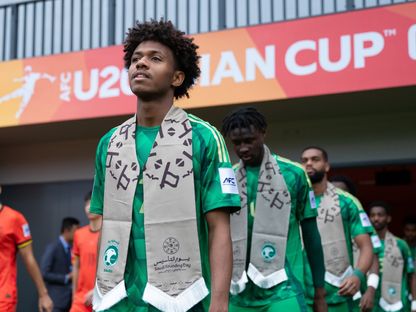 لاعبو منتخب السعودية قبل مباراة الصين في ربع نهائي كأس آسيا تحت 20 عاماً - 22 فبراير 2025 - X/@SaudiNT