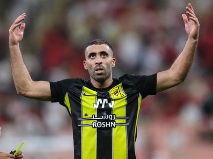 الدولي المغربي عبد الرزاق حمد الله مهاجم الاتحاد يحتفل بهدفه في شباك الوحدة - 26 فبراير 2024 - X/ittihad