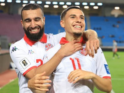 احتفال إلياس الغربي ونعيم سليتي بفوز تونس على ساو تومي بتصفيات كأس العالم 2026 - 10 أكتوبر 2025 - FB/@Équipe Nationale Tunisienne