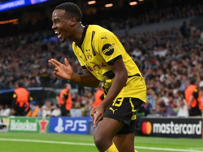 جيمي غيتنز لاعب بوروسيا دورتموند يحتفل بالتسجيل في مرمى ريال مدريد - 22 أكتوبر 2024 - X/@ChampionsLeague