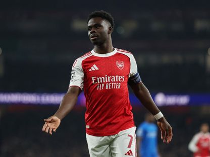 لاعب أرسنال بوكايو ساكا خلال مباراة باير ليفركوزن بالدور 16 من دوري أبطال أوروبا  - 17 مارس 2026 - Reuters