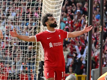 محمد صلاح يحتفل بتسجيله هدفاً لليفربول في مرمى توتنهام هوتسبير بالدوري الإنجليزي الممتاز– 5 مايو 2024 - X/@LFC_Arabic