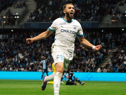 أمين غويري لاعب أولمبيك مارسيليا يحتفل بتسجيل هدف في مرمى لوهافر  بالدوري الفرنسي - 10 مايو 2025 - X/@OM_Arab