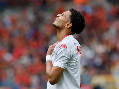 حسرة إلياس العاشوري لاعب منتخب تونس على ضياع فرصة خلال مواجهة بلجيكا في مباراة ودية - 4 يونيو 2026 - Reuters