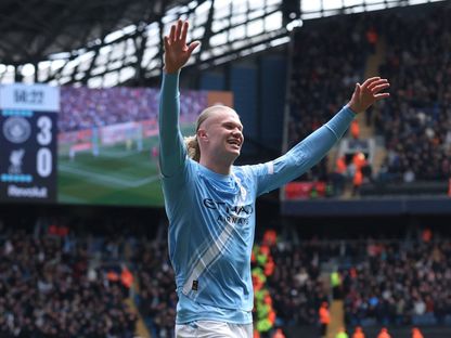 إيرلينغ هالاند مهاجم مانشستر سيتي يحتفل بهدفه الثالث في مرمى ليفربول في كأس الاتحاد الإنجليزي - 4 أبريل 2026 - Reuters