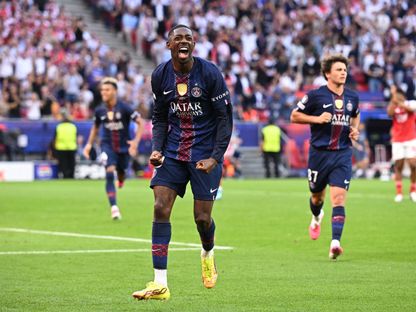 عثمان ديمبيلي يحتفل بهدفه في نهائي دوري أبطال أوروبا بين باريس سان جيرمان وأرسنال - 30 مايو 2026 - Reuters