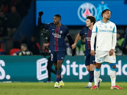 عثمان ديمبيلي يحتفل بهدفه في مباراة باريس سان جيرمان وأولمبيك مارسيليا بالدوري الفرنسي - 8 فبراير 2026 - Reuters