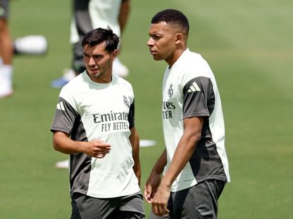 براهيم دياز وكيليان مبابي في تدريبات ريال مدريد قبل مواجهة سالزبورغ في كأس العالم للأندية - 25 يونيو 2025 - Reuters