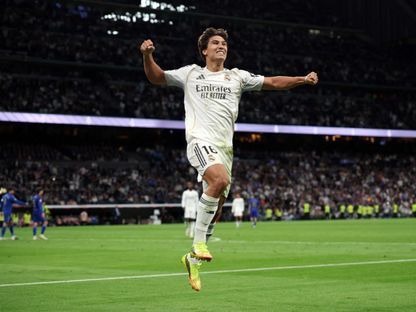 غونزالو غارسيا مهاجم ريال مدريد يحتفل بهدفه في مرمى ريال أوفييدو في الدوري الإسباني - 14 مايو 2026 - Reuters