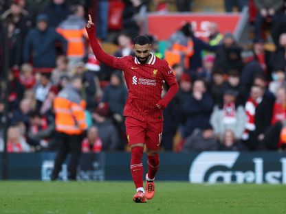 محمد صلاح نجم ليفربول يحتفل بهدفه أمام إبسويتش تاون بالدوري الإنجليزي - 25 يناير 2025 - Reuters