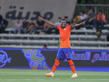 لاعب نادي الفيحاء فاشون سكالا يحتفل بتسجيل هدفٍ للفيحاء في مرمى الخليج بدوري روشن السعودي - 12 أغسطس 2023  - Twitter/Alfaihaclub
