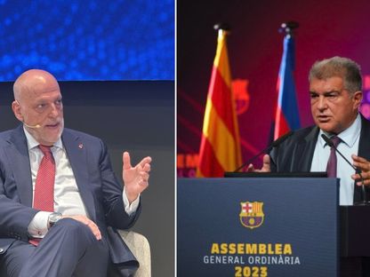 رئيس برشلونة جوان لابورتا ورئيس رابطة الدوري الإسباني خافيير تيباس في صورة مُركبة - الشرق