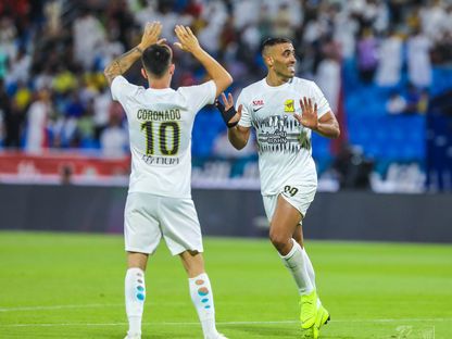 احتفال عبد الرزاق حمد الله وإيغور كورونادو بتسجيل هدف في شباك الرائد - 14 أغسطس 2023 - x/@ittihad