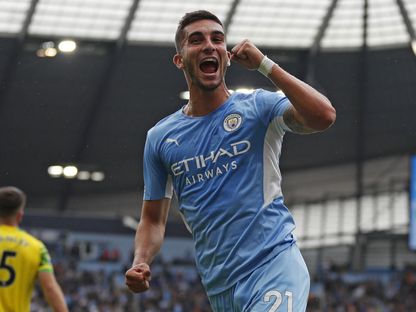 لاعب مانشستر سيتي فيران توريس يحتفل بعد تسجيله هدفاً - AFP