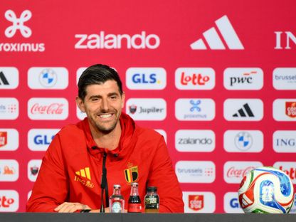 تيبو كورتوا حارس مرمى بلجيكا خلال مؤتمر صحفي قبل مواجهة مصر بكأس العالم - 11 يونيو 2026 - REUTERS
