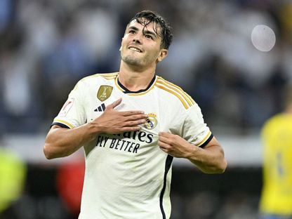 براهيم دياز مهاجم ريال مدريد يحتفل بهدفه أمام لاس بالماس في الدوري الإسباني - 27 سبتمبر 2023 - AFP