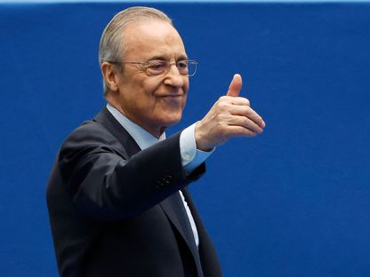 فلورنتينو بيريز خلال تقديم كيليان مبابي لاعباً لريال مدريد - 16 يوليو 2024 - Reuters