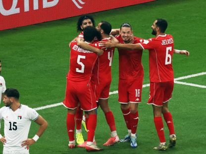 احتفال فرجاني ساسي مع زملائه بهدف تونس أمام فلسطين بكأس العرب - 4 ديسمبر 2025 - Reuters