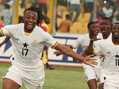لاعبو غانا يحتفلون بعد تسجيل هدف الفوز على أنغولا في تصفيات كأس أمم إفريقيا - 23 مارس 2023 - TWITTER/@GhanaBlackstars