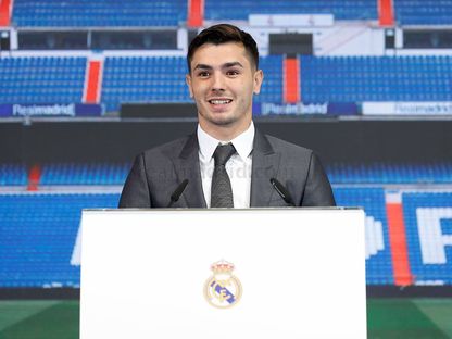 براهيم دياز لاعب ريال مدريد الإسباني خلال المؤتمر الصحفي لتقديمه لوسائل الإعلام - 13 يونيو 2023  - https://www.realmadrid.com/en/