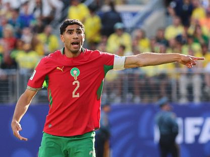 أشرف حكيمي خلال مباراة بين المغرب والبرازيل في كأس العالم - 13 يونيو 2026 - IMAGN IMAGES via Reuters