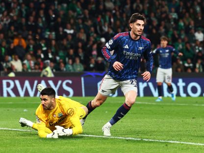 كاي هافيرتز يحتفل بهدفه في مباراة سبورتينغ لشبونة وأرسنال بدوري أبطال أوروبا - 7 أبريل 2026 - Reuters