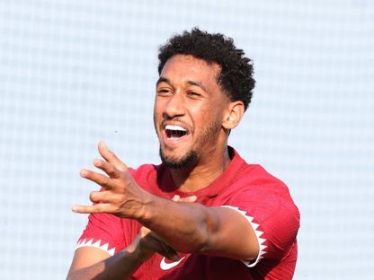 لاعب منتخب قطر همام الأميـن يحتفل بتسجيل هدف في مرمى جامايكا في لقاء ودي - 15 يونيو 2023 - twitter/QFA  