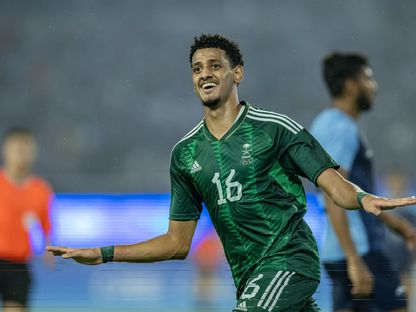 محمد مران لاعب المنتخب السعودي الأولمبي يحتفل بعد التسجيل بمواجهة الهند في الألعاب الآسيوية - 28 سبتمبر 2023 - X/@SaudiNT