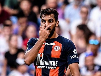 الأردني موسى التعمري مهاجم مونبلييه يحتفل بهدفه في شباك ليون - 19 أغسطس 2023 - twitter/Ligue1_Arab