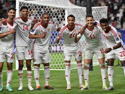لاعبو منتخب الإمارات يحتفلون بتسجيل هدف في شباك هونغ كونغ ضمن كأس آسيا 2023 - 14 يناير 2024 - AFP