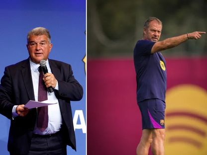 مدرب برشلونة هانزي فليك ورئيس النادي جوان لابورتا في صورة مُركبة - الشرق