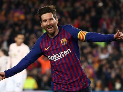 ليونيل ميسي لاعب برشلونة يحتفل بهدفه أمام مانشستر يونايتد في ربع نهائي دوري أبطال أوروبا - 17 أبريل 2019 - Reuters