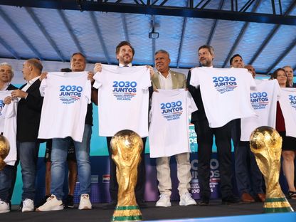 من حفل الإعلان عن الملف المشترك بين الأرجنتين وتشيلي وأوروغواي وباراغواي لاستضافة كأس العالم 2030 - 7 فبراير 2023 - TWITTER/@afa