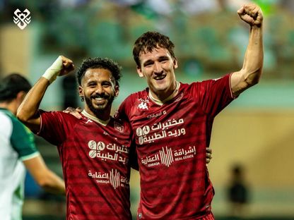 احتفال لاعبي نادي الخلود بتسجيل هدف في مرمى الأهلي بالدوري السعودي - 29 أغسطس 2026 - X/@AlKholoodClub