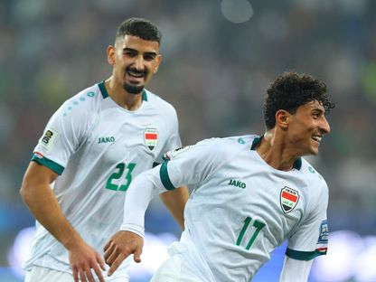 احتفال علي جاسم لاعب المنتخب العراقي بتسجيل هدف في مرمى إندونيسيا - 16 نوفمبر 2023 - Facebook/Iraq Football Association